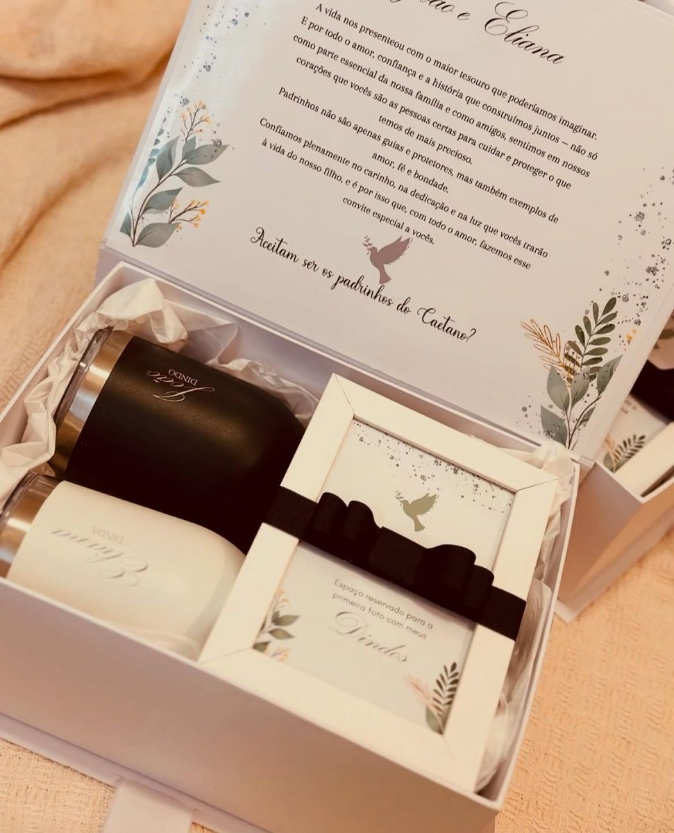 Kit Convite Com Dois Copos Térmicos + Porta-Joias + Santa + Porta Retrato